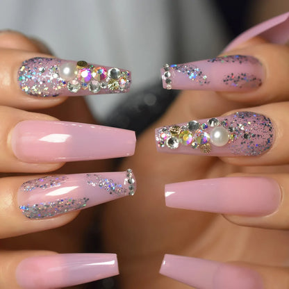 XXL Long Coffin Pink Glitter Pearl L6119