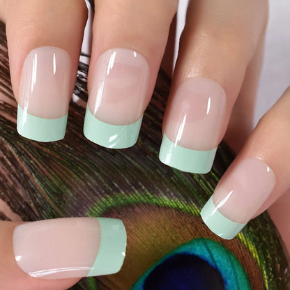 Short Squoval Green French Tips L6051