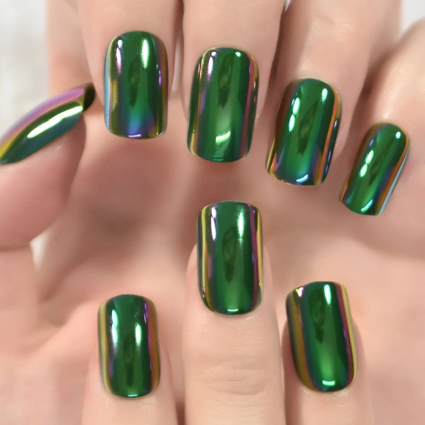 Short Squoval Solid Color Chrome Green L6248