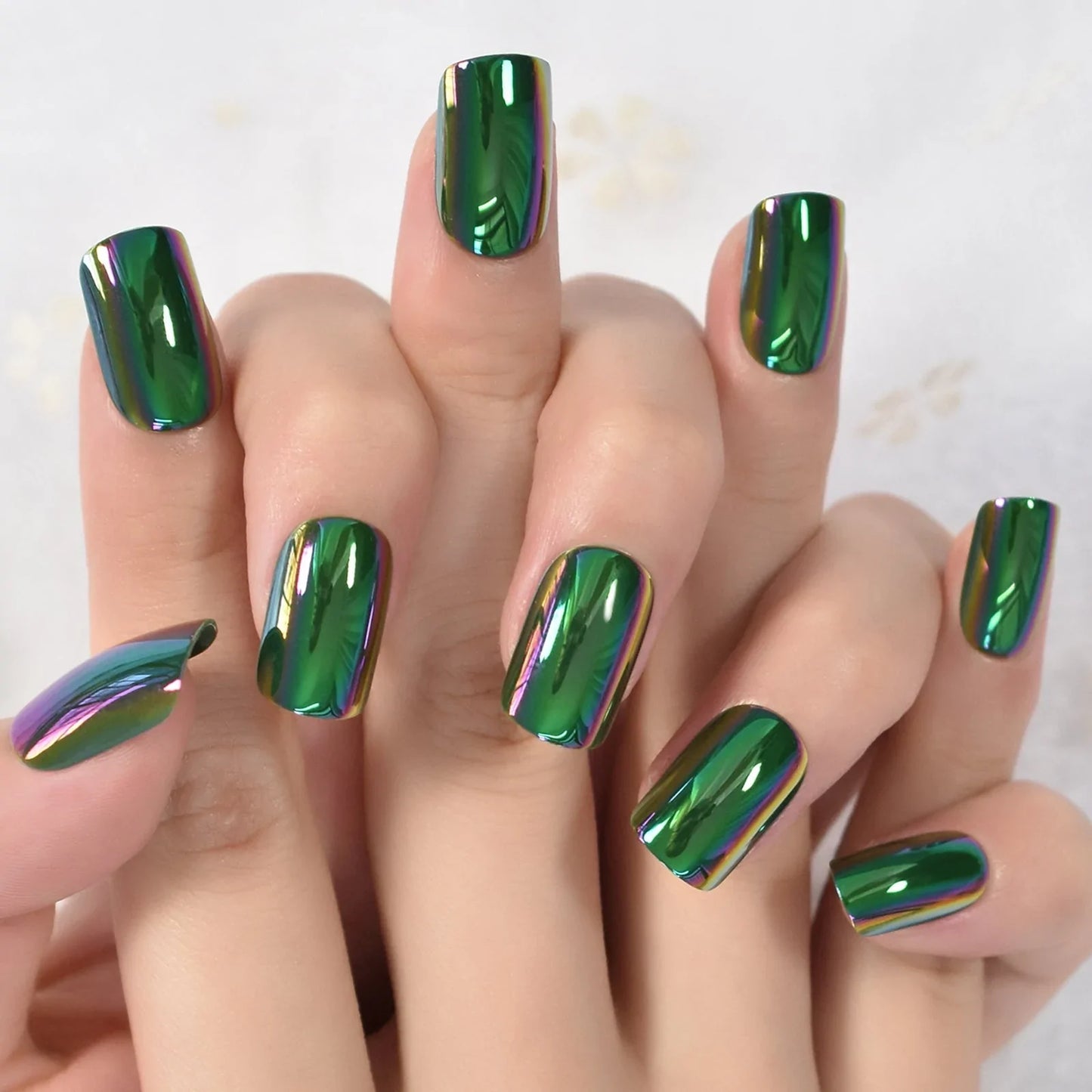 Short Squoval Solid Color Chrome Green L6248