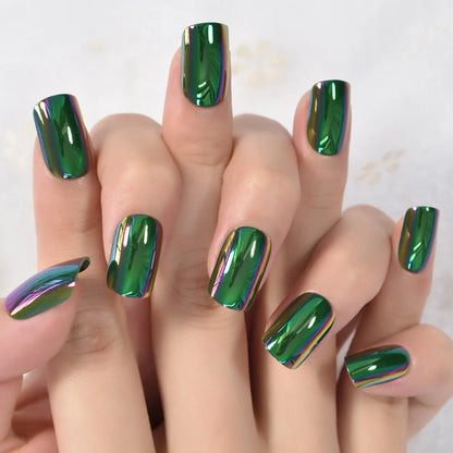 Short Squoval Solid Color Chrome Green L6248