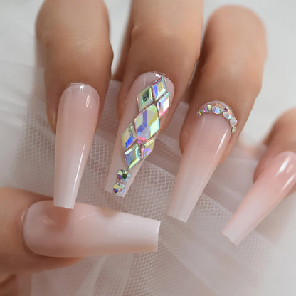 XXL Long Coffin Ombre Rhinestone Nails L5990