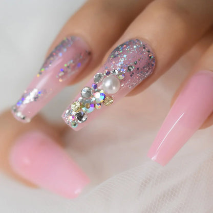 XXL Long Coffin Pink Glitter Pearl L6119