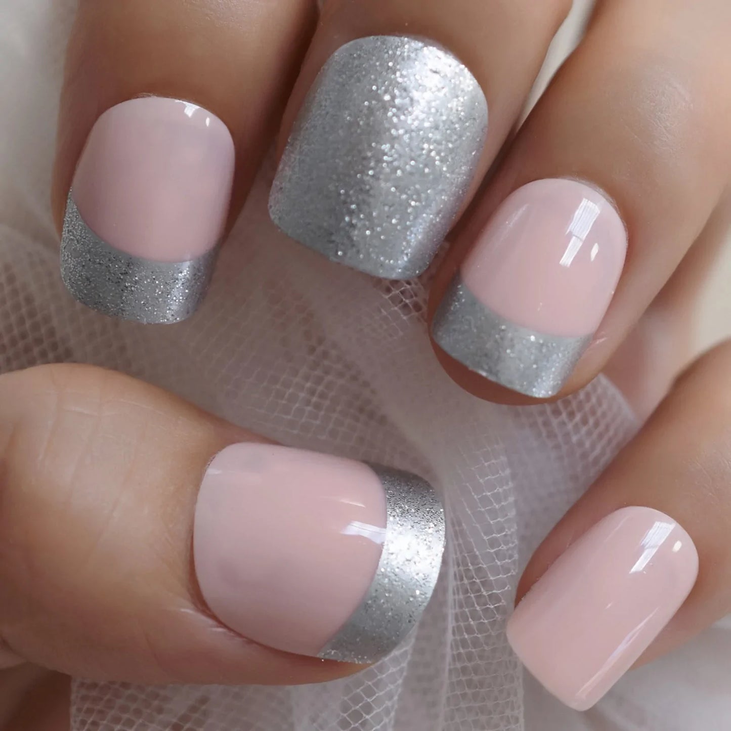 Short Square Glitter French Tips L6239