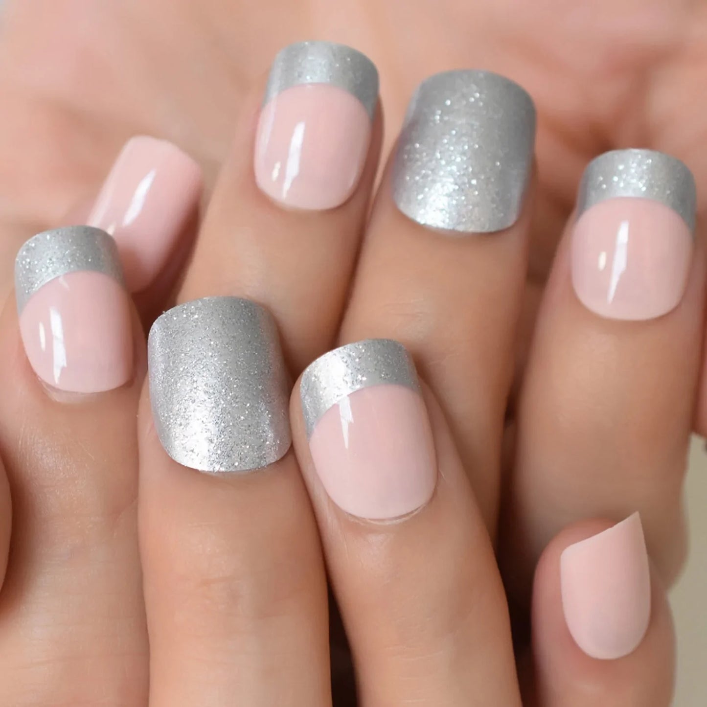 Short Square Glitter French Tips L6239