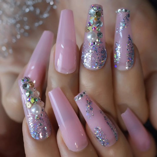 XXL Long Coffin Pink Glitter Pearl L6119