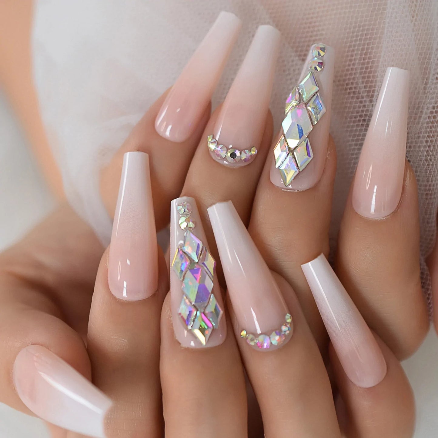 XXL Long Coffin Ombre Rhinestone Nails L5990