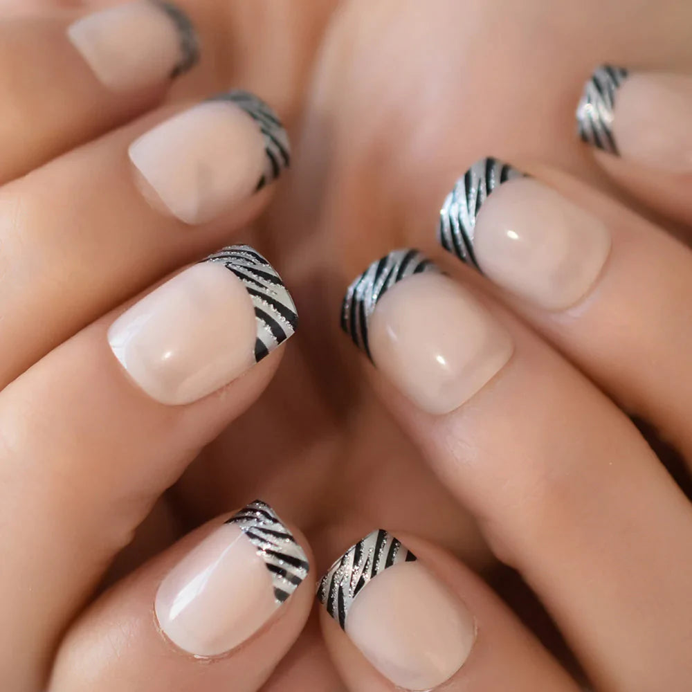 Short Sqaure Zebra French Tips L6017