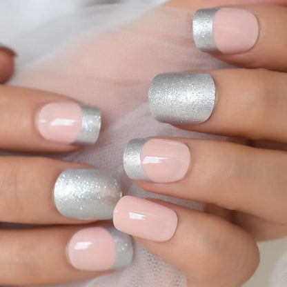 Short Square Glitter French Tips L6239