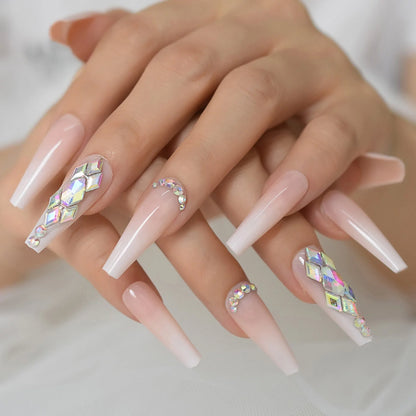 XXL Long Coffin Ombre Rhinestone Nails L5990